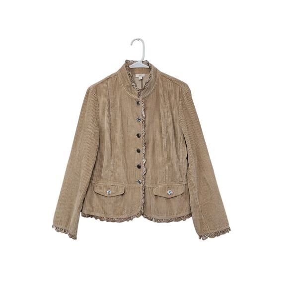 J. Jill Tan Corduroy Button Up Jacket Size Large Ruffles Ribbed Pockets - Picture 1 of 11